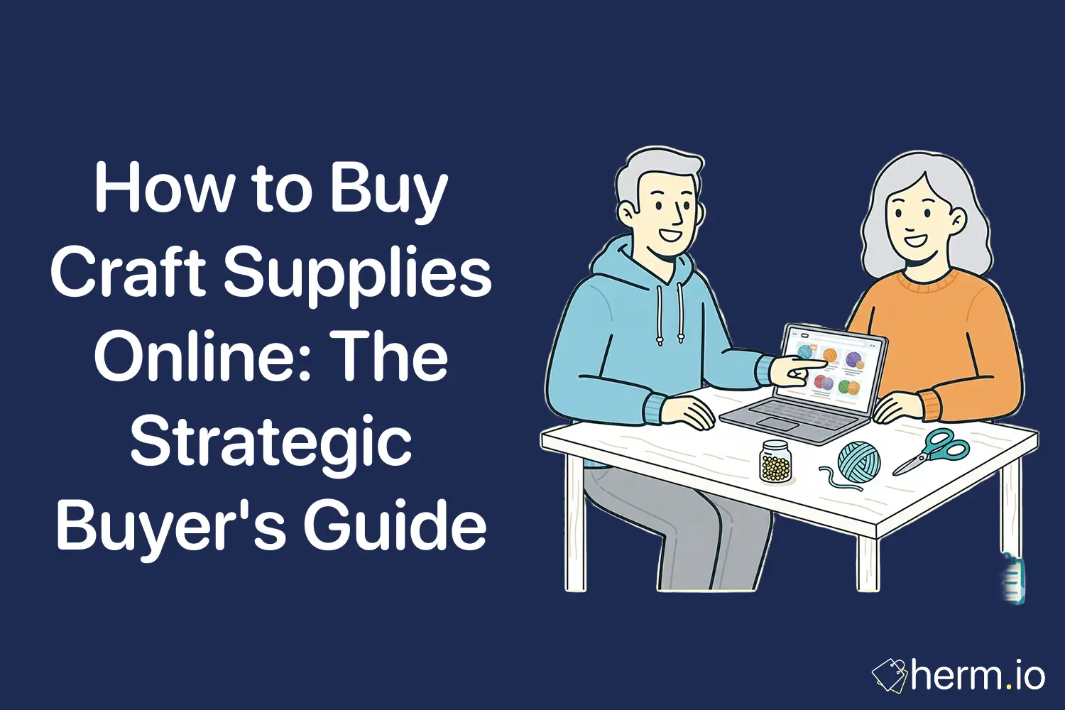 Flat illustration of two people shopping for craft supplies online with yarn, scissors and beads on a table.
