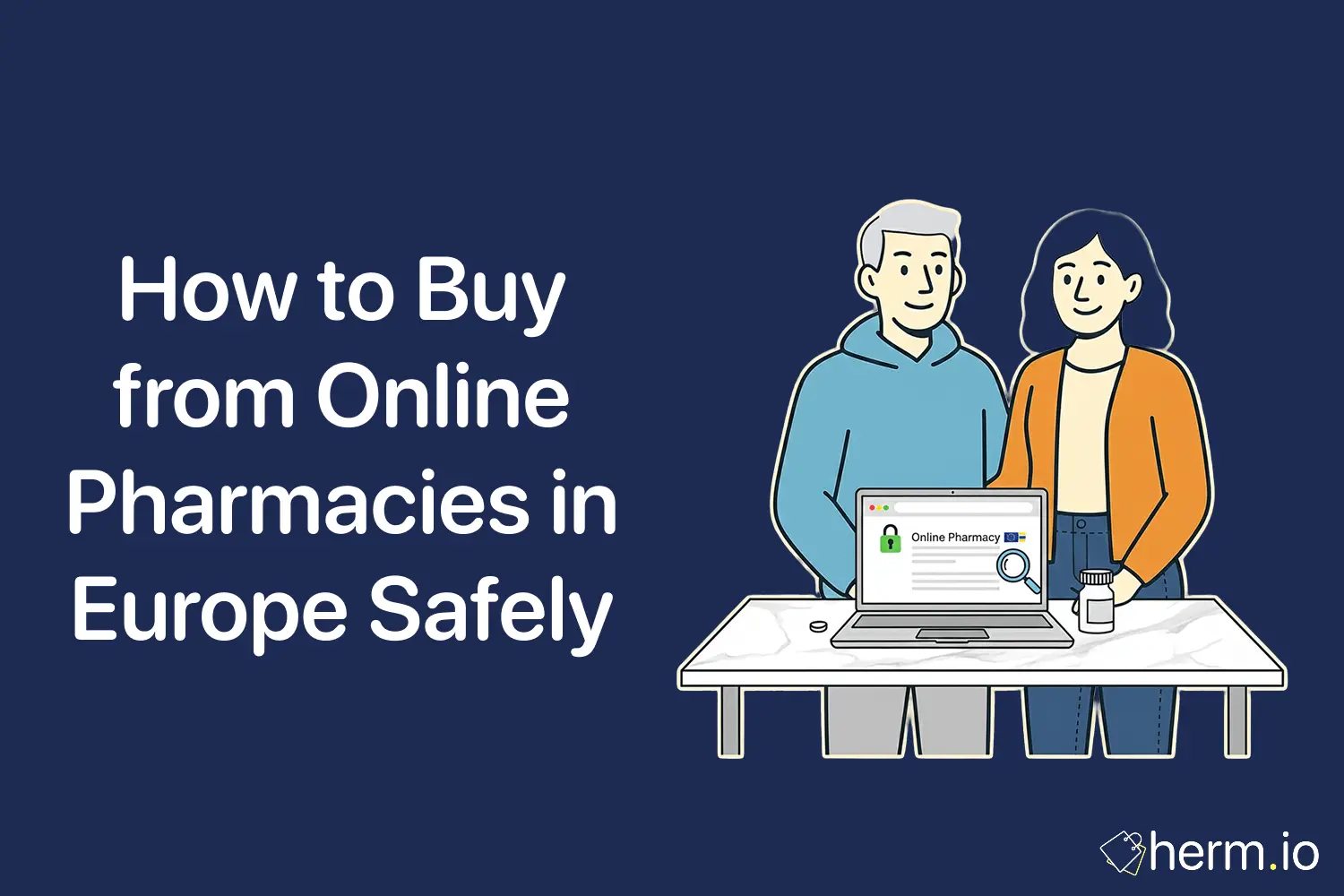 Flat illustration of people checking an online pharmacy site with a security lock and medicine bottle for safer EU orders.