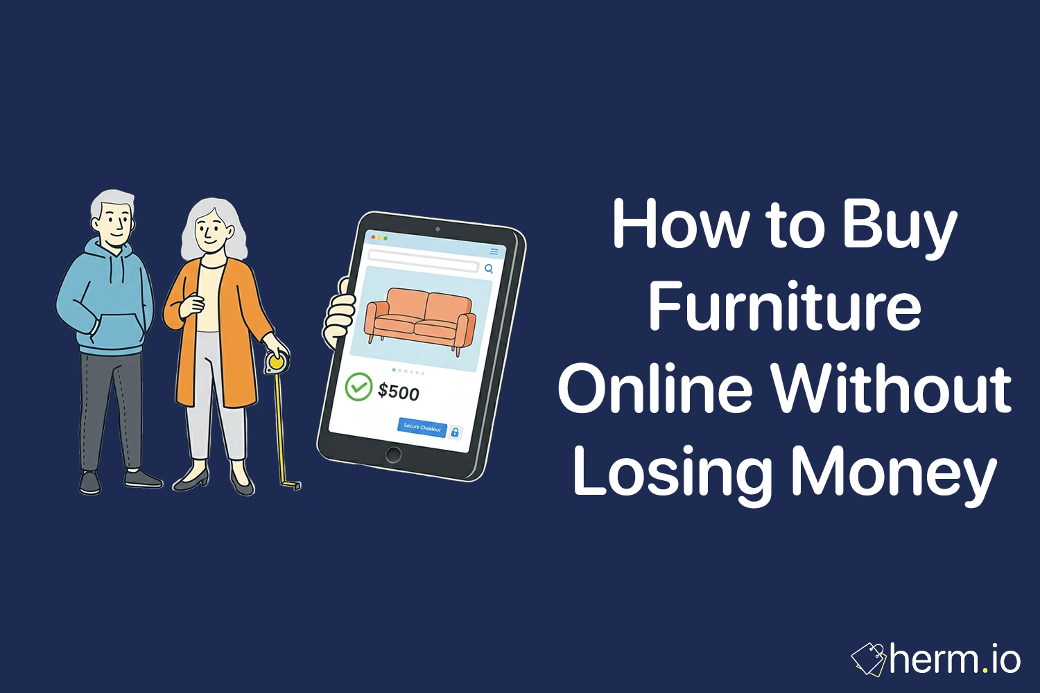 Buying furniture online without losing money, comparing a sofa price on a tablet while measuring space with a tape measure.
