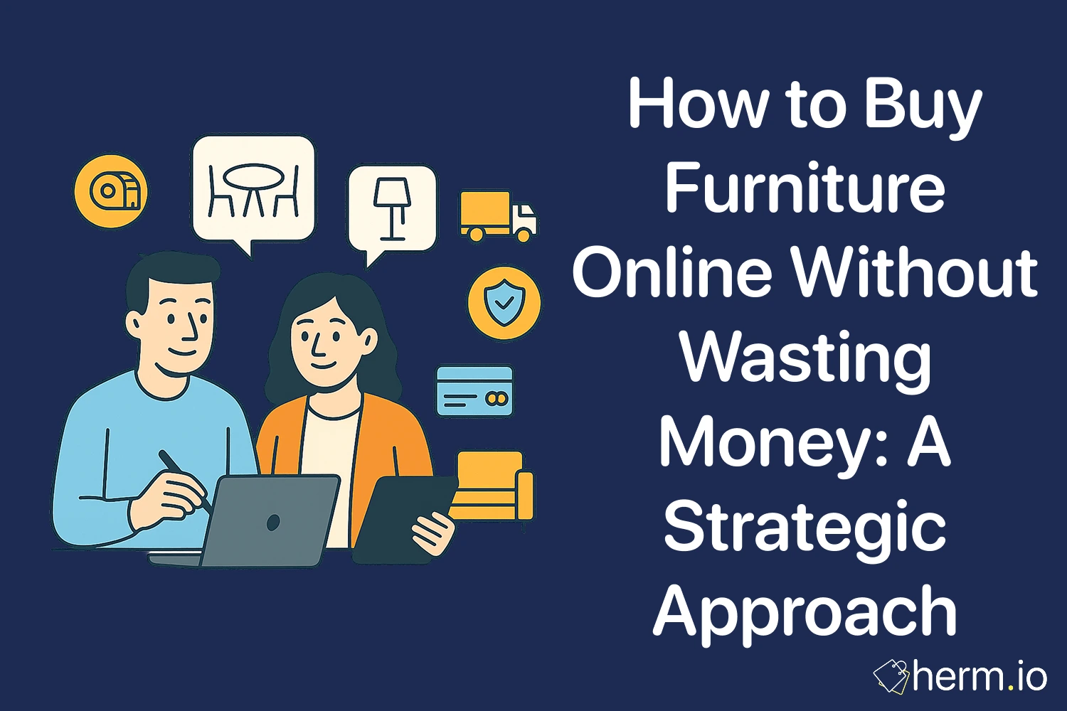 Man and woman shopping online for furniture with icons of sofa, chair, and secure payment, symbolizing smart home shopping strategy.