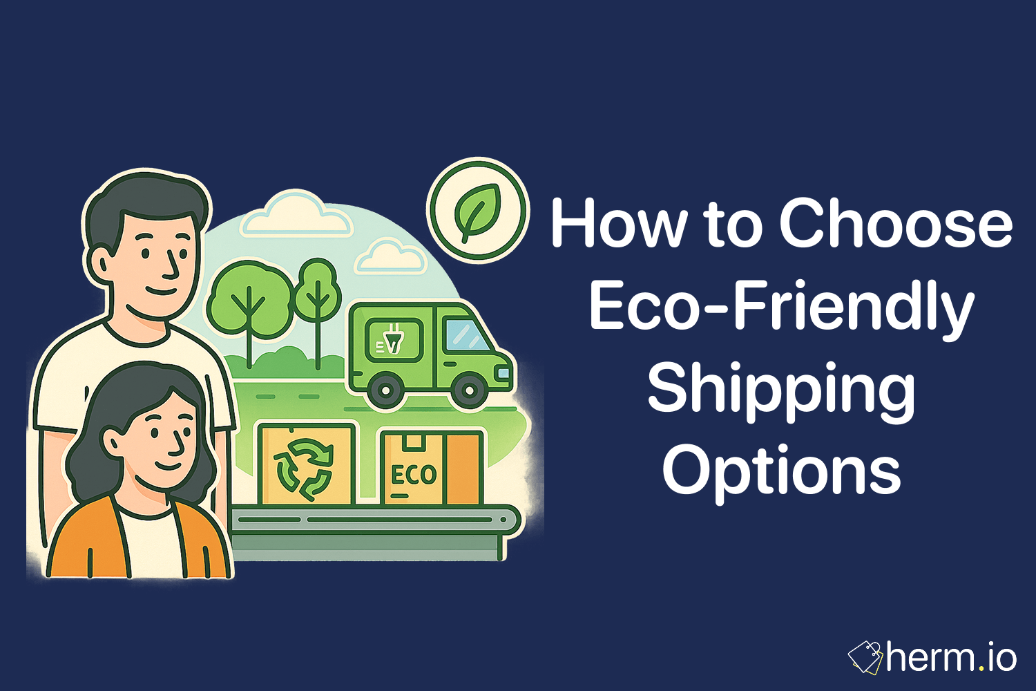 Illustration of shoppers with eco-friendly delivery truck and recyclable packaging, highlighting sustainable shipping choices for online orders.