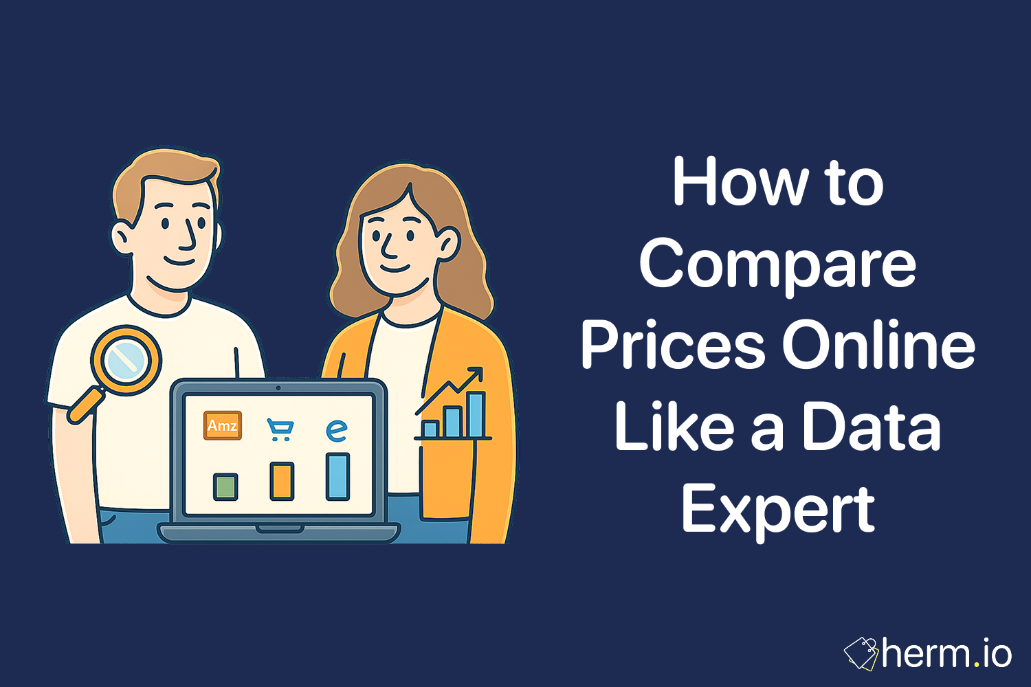 Illustration titled ‘How to Compare Prices Online Like a Data Expert,’ showing a man holding a magnifying glass icon and a woman beside a laptop displaying multicolored bar charts labeled ‘Amz’ and an online-shop icon.