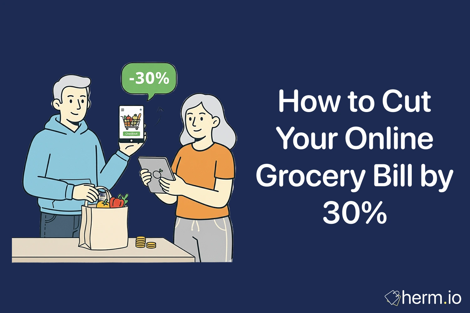 Flat illustration of shoppers using discounts to cut an online grocery bill by 30% with a phone checkout and groceries.