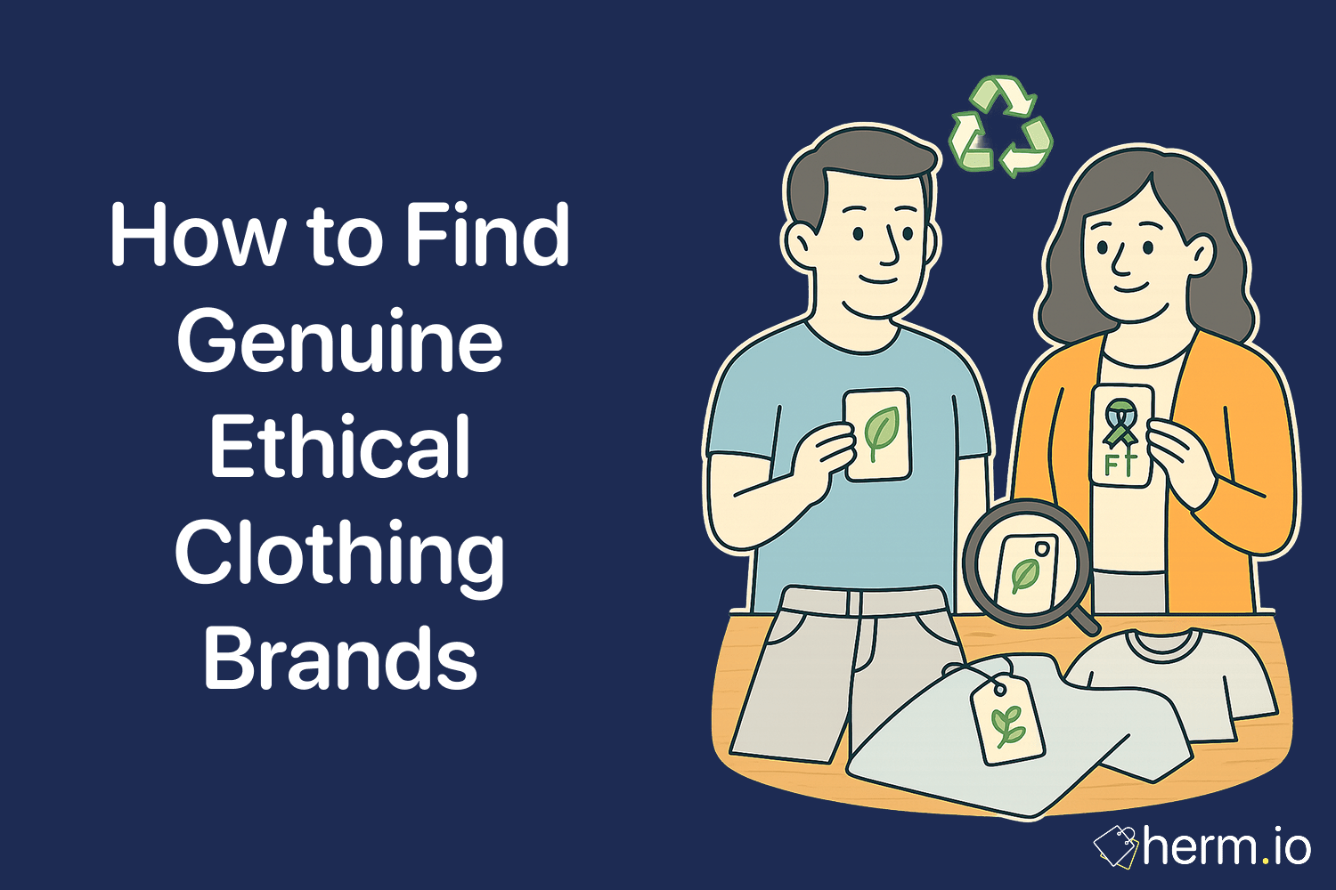Cartoon couple examining eco-friendly clothing tags with a recycling symbol, illustrating how to find ethical fashion brands.