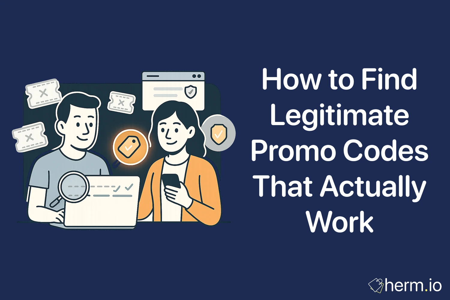 People verifying discount codes on laptop and phone with trust badges: how to find legitimate promo codes that actually work.