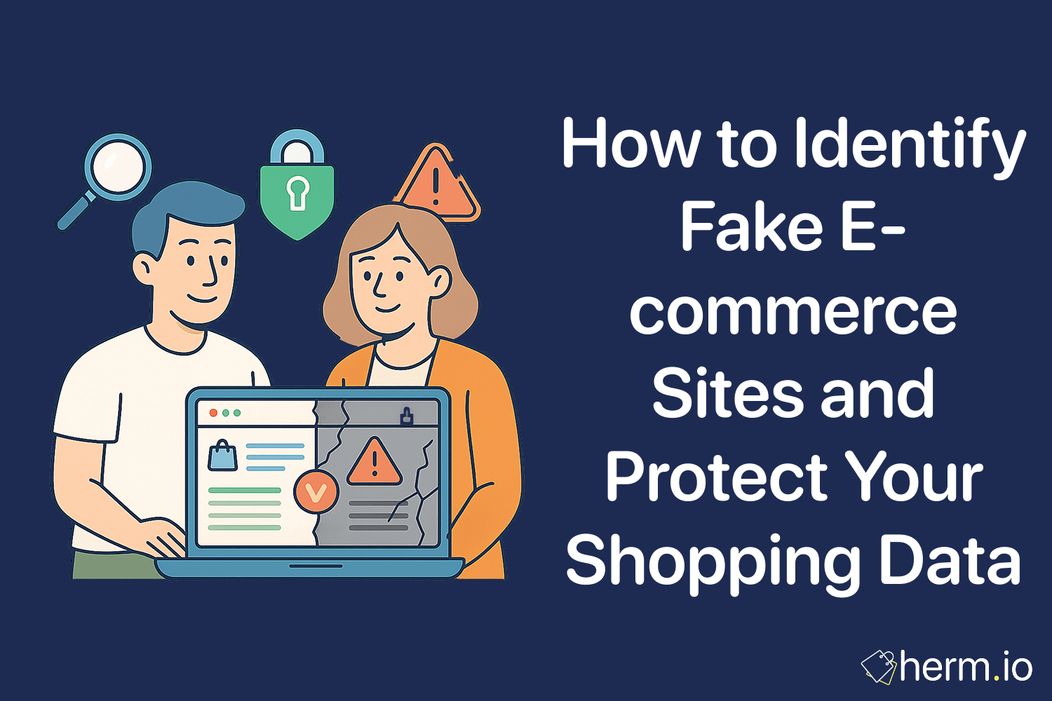 Man and woman inspecting a cracked website on laptop with magnifying glass and warning icons, symbolizing e-commerce fraud prevention.