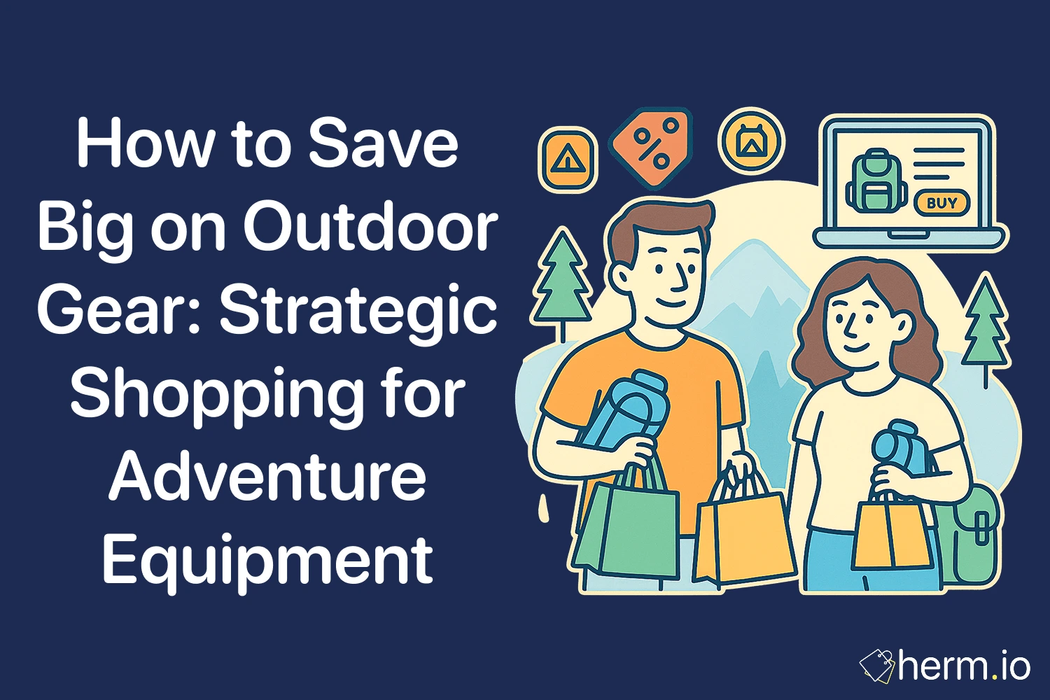 Couple holding camping gear and shopping bags in nature setting, with icons of tents and discounts for saving on outdoor adventure equipment.