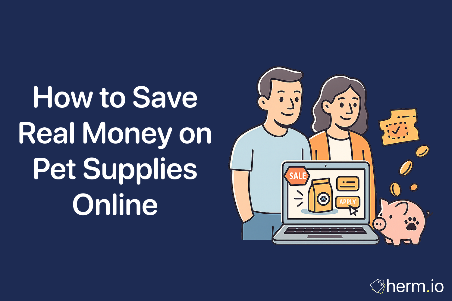 Illustration titled ‘How to Save Real Money on Pet Supplies Online,’ depicting a couple browsing pet food on a laptop, with a piggy bank stamped with a paw print and falling coins around them.