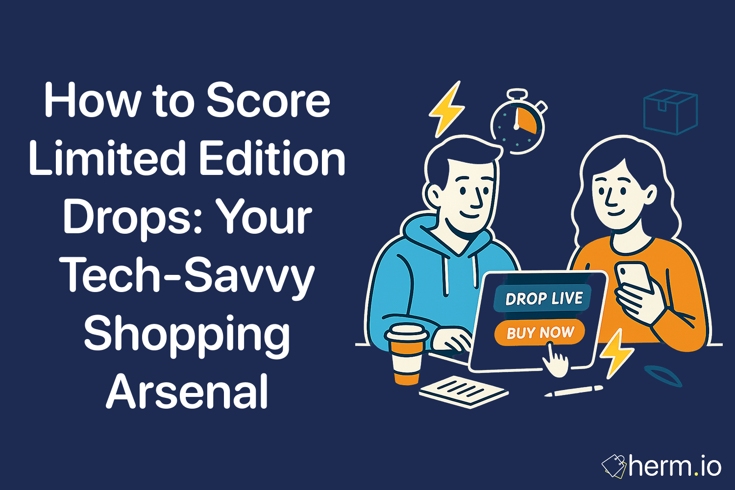 Graphic titled ‘How to Score Limited Edition Drops: Your Tech-Savvy Shopping Arsenal,’ showing a man in a hoodie typing on a laptop labeled ‘Drop Live / Buy Now’ with lightning and stopwatch icons, while a woman checks her phone.