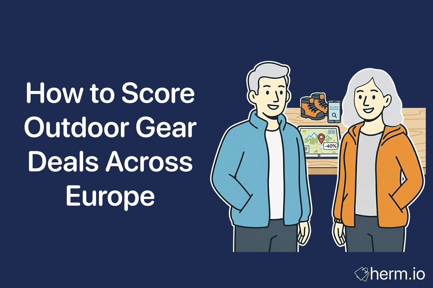 Flat illustration of two shoppers finding outdoor gear deals across Europe with a map, boots and a -40% price alert.