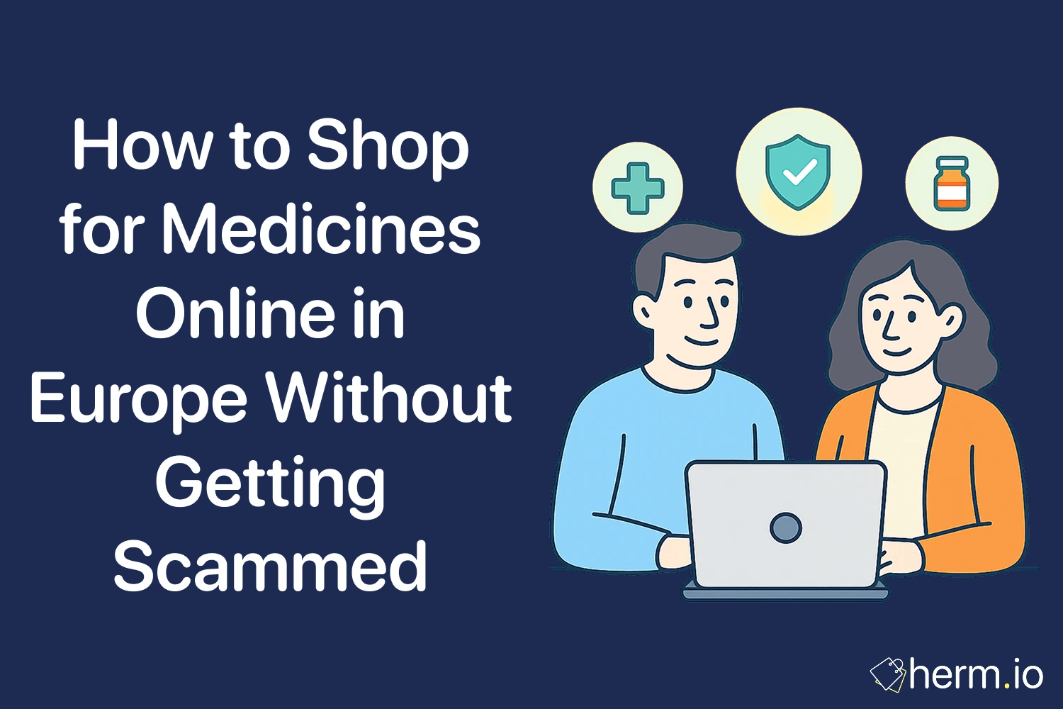 Couple shopping online for medicines with icons of pill bottle, cross, and shield symbolizing safe and secure online pharmacies in Europe.