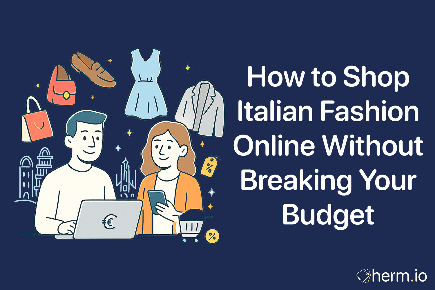 Illustration of a couple shopping Italian fashion online, surrounded by clothing icons like shoes, dresses, and bags, with euro and discount tags.