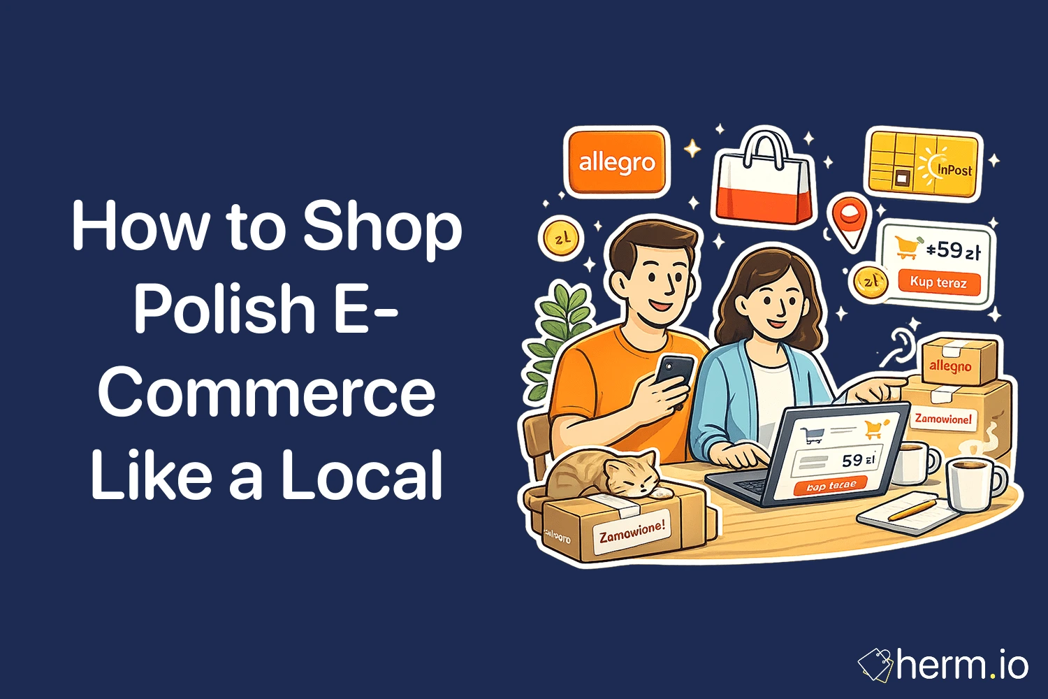 Flat illustration of shoppers buying on Polish e-commerce (Allegro, InPost) with złoty prices, parcels and a laptop cart.