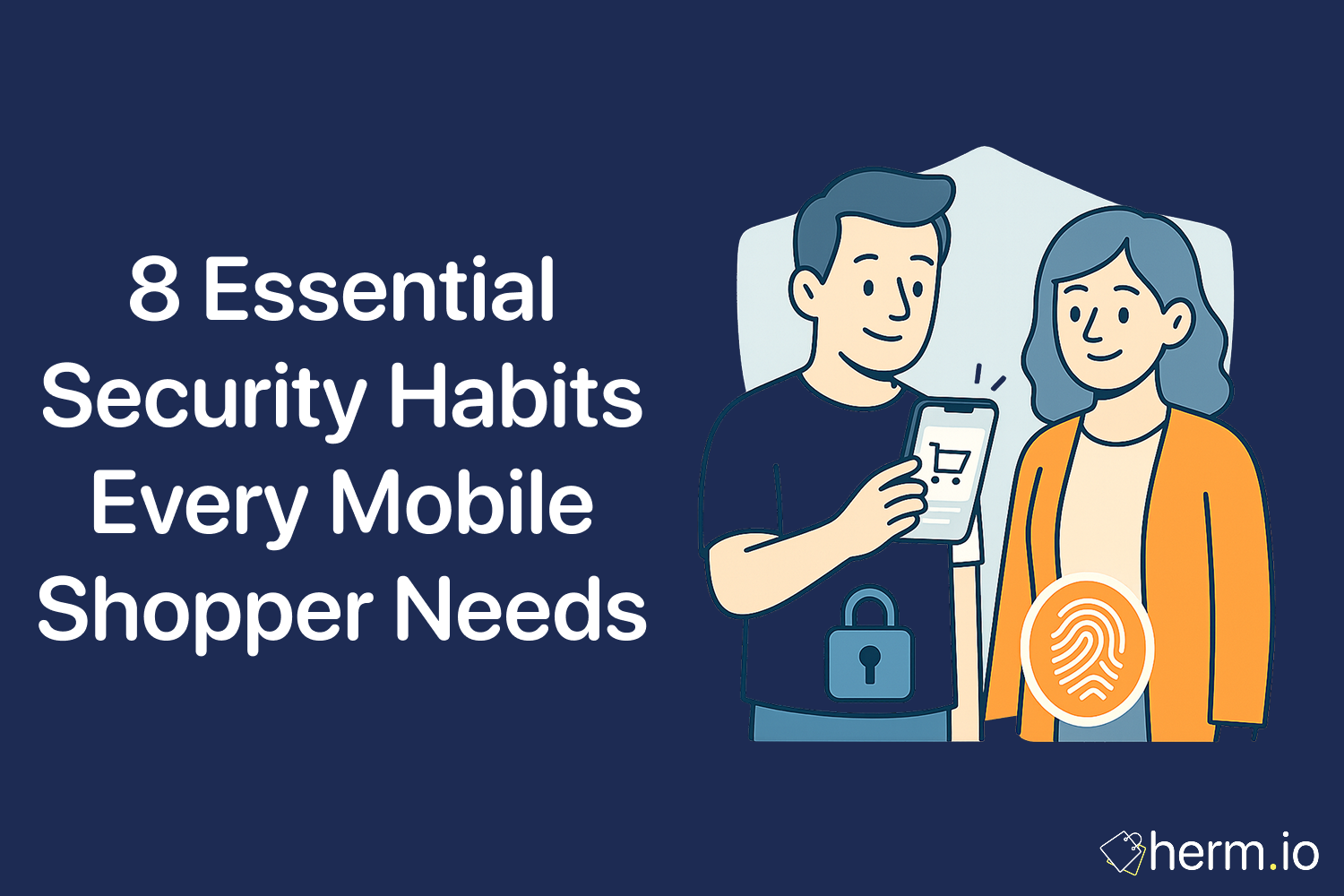 Illustration titled ‘8 Essential Security Habits Every Mobile Shopper Needs,’ featuring a man holding a smartphone with a shopping-cart icon and a lock icon on his shirt, next to a woman with a fingerprint icon on her torso and a shield backdrop.