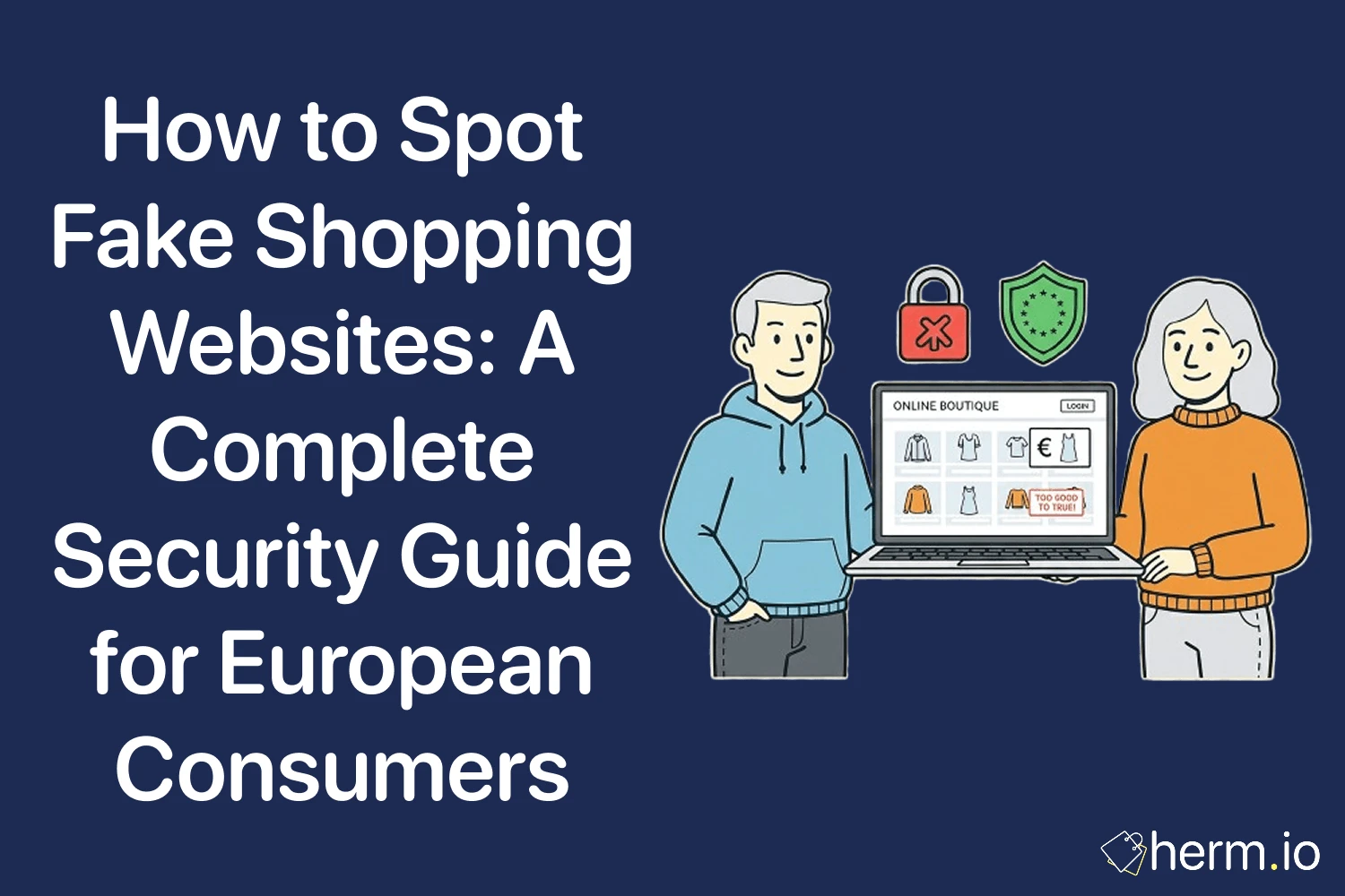 Illustration of shoppers looking at an online boutique on a laptop with security and warning icons, cover for a guide on spotting fake shopping websites in Europe.