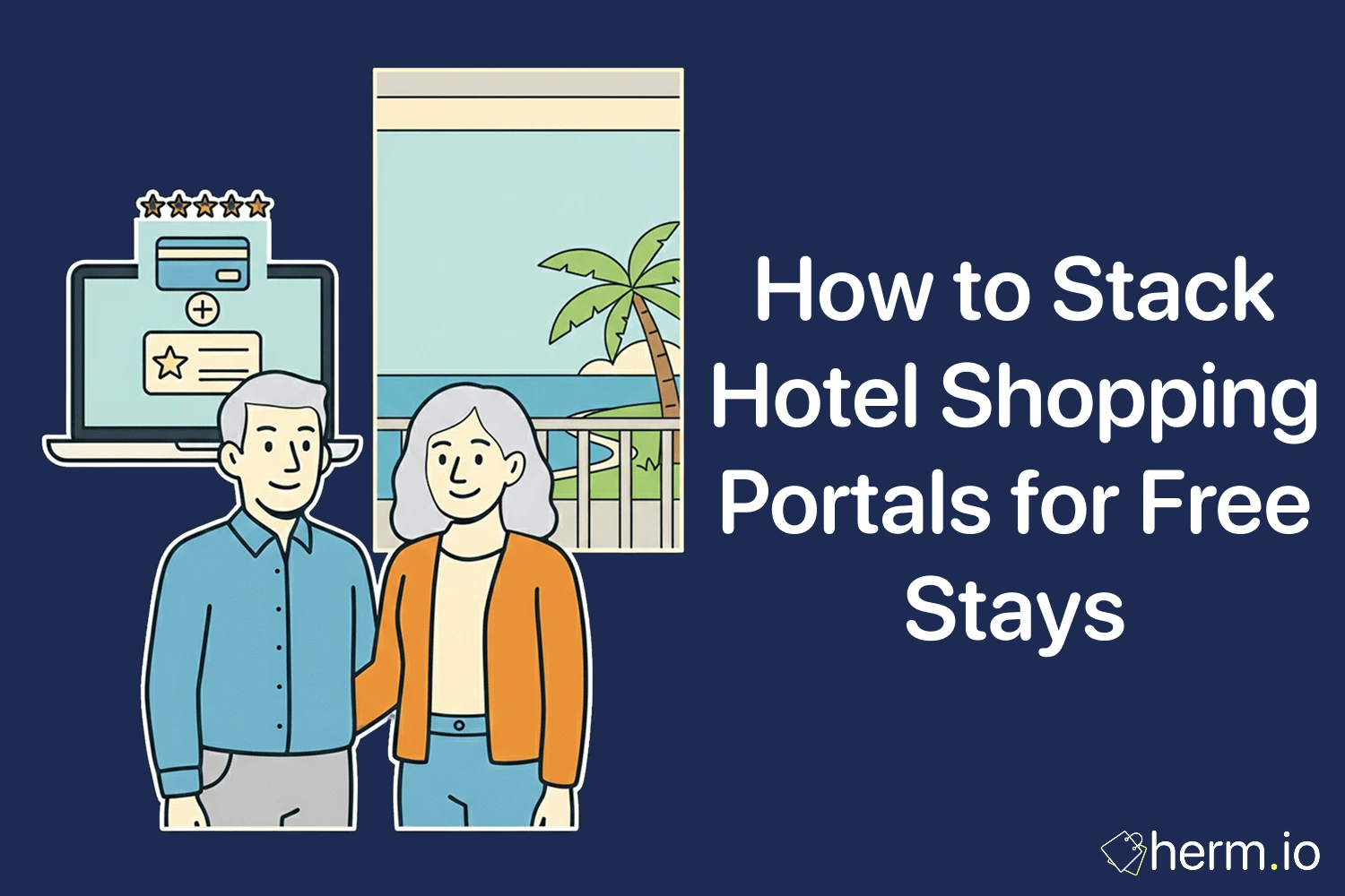 Flat illustration of travellers stacking hotel shopping portals for free stays with rewards cards and a beach view.