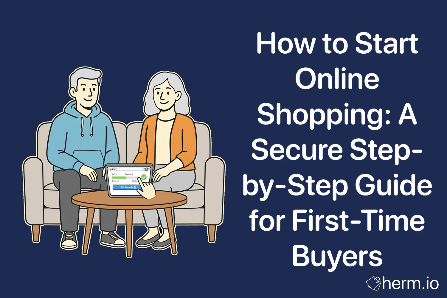 How to start online shopping safely cover image with first-time buyers checking out online, focusing on secure payment steps.