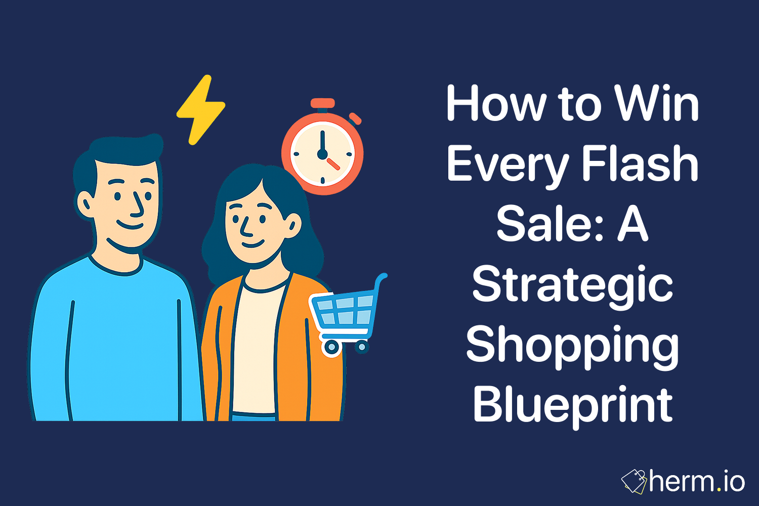 Graphic titled ‘How to Win Every Flash Sale: A Strategic Shopping Blueprint,’ showing a couple standing beneath a lightning bolt and stopwatch icons, with a shopping cart symbol floating nearby.