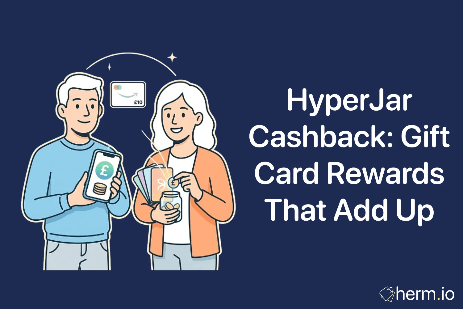 Mobile phone showing HyperJar cashback vouchers beside UK shopping bags, with simple calculations for gift card rewards and fees.