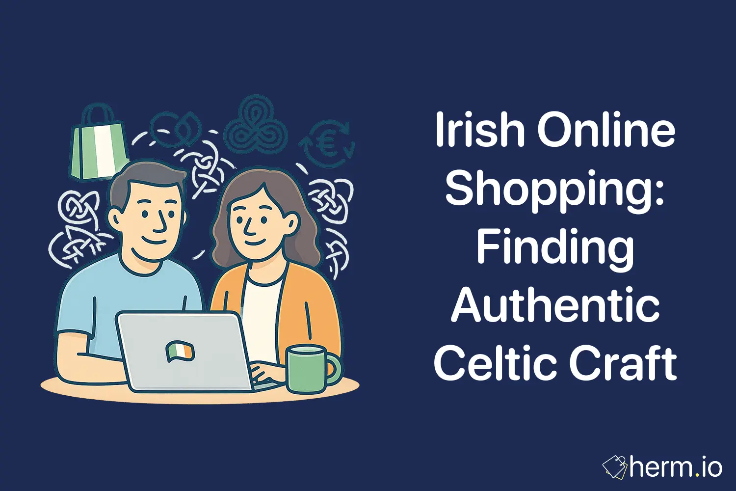 Illustration of two people browsing Celtic crafts on a laptop with Irish symbols, highlighting authentic Irish online shopping and cross-border savings.