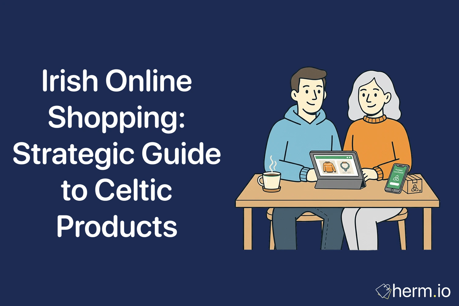 Irish online shopping guide scene with a couple browsing Celtic products on a laptop, with tea, phone payment, and a parcel.