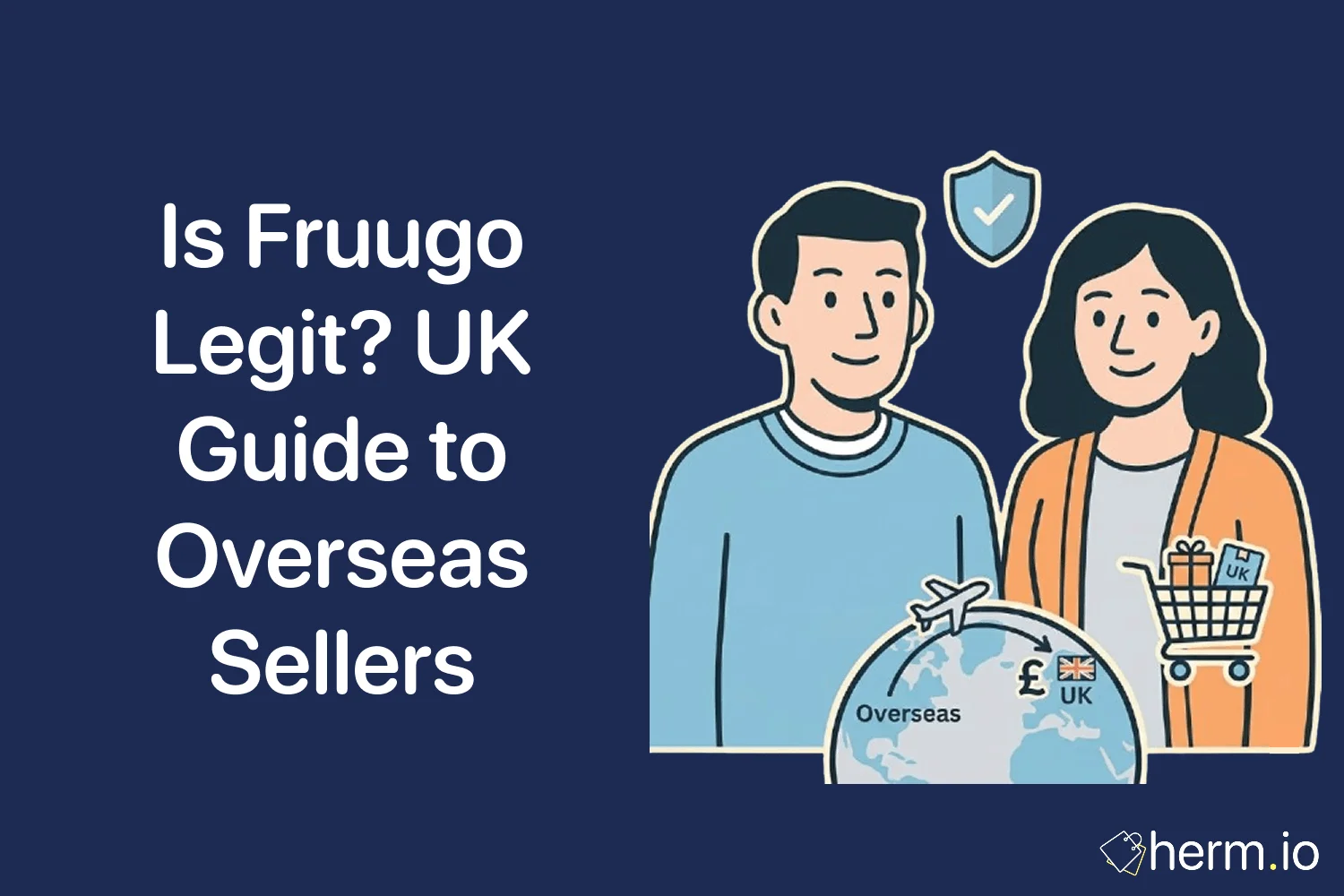 UK shopper checking a Fruugo product listing on a laptop, with seller location, delivery details and payment safety cues highlighted.
