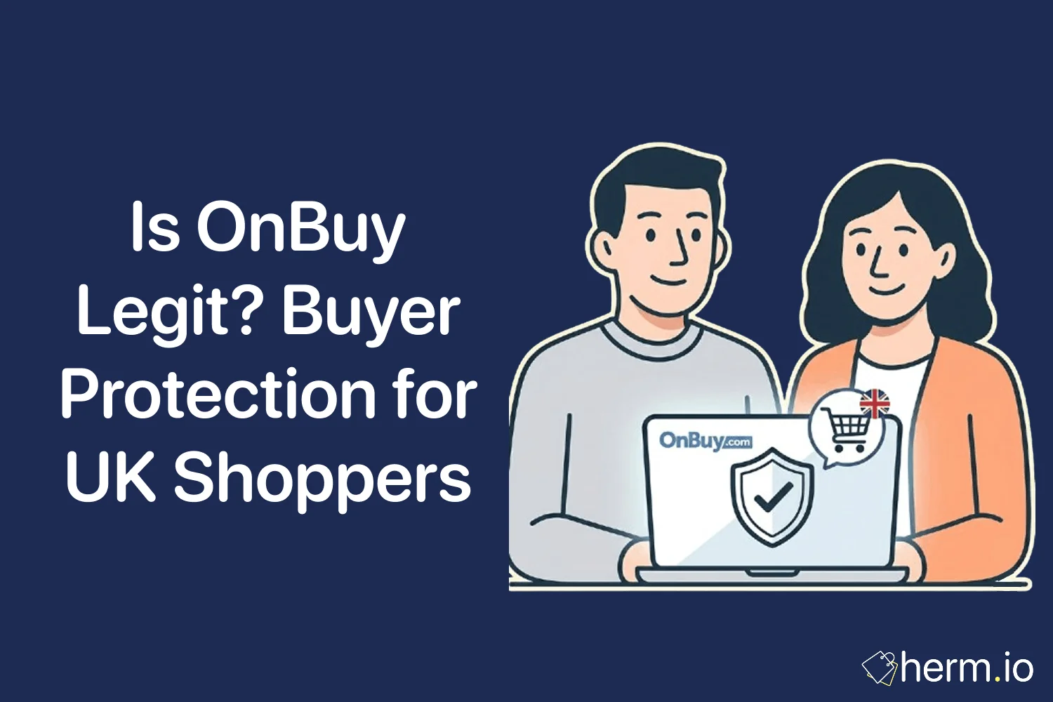 Laptop showing an OnBuy product listing with a payment card and checklist, illustrating safer UK marketplace shopping and buyer protection.