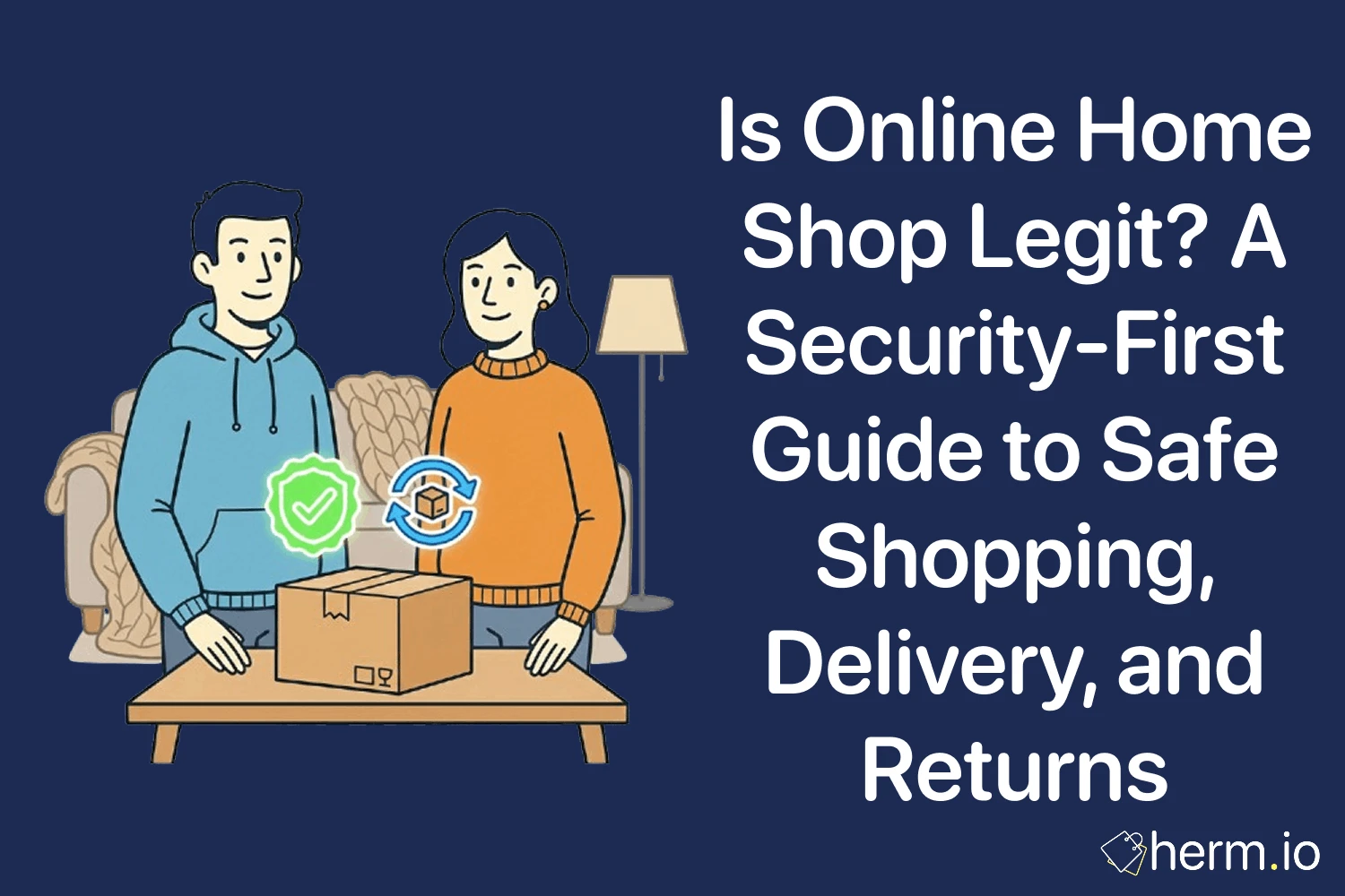 Is Online Home Shop legit cover image showing shoppers with a parcel and security icons, focused on safe shopping, delivery, and returns.