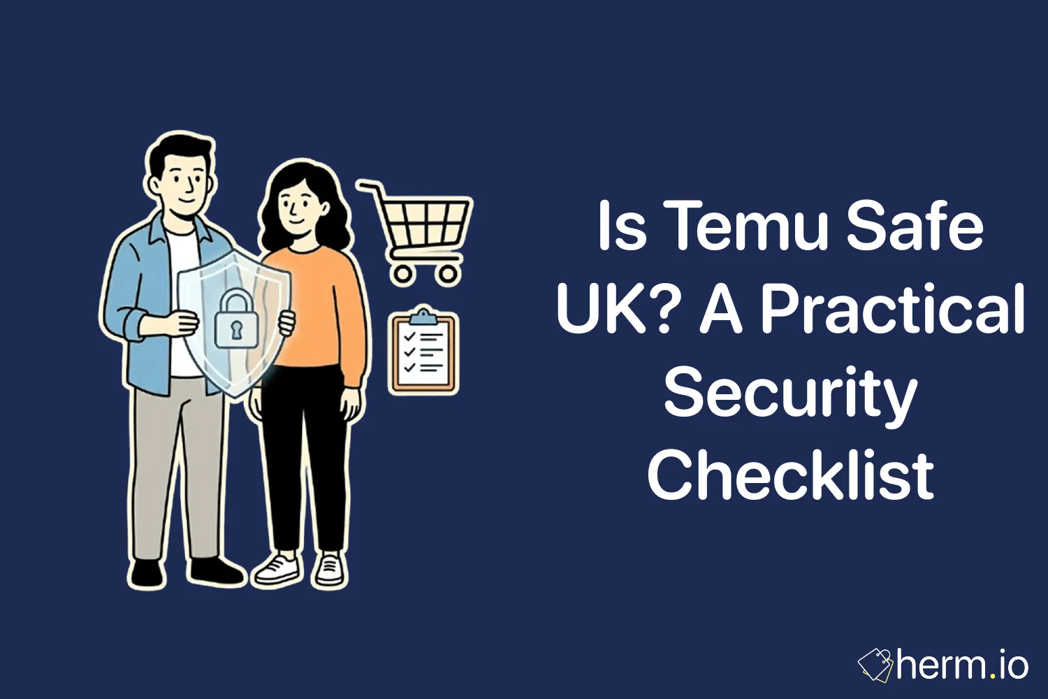Shopper checking a Temu order on a phone beside a bank card and checklist, showing safer UK online shopping and payment checks.