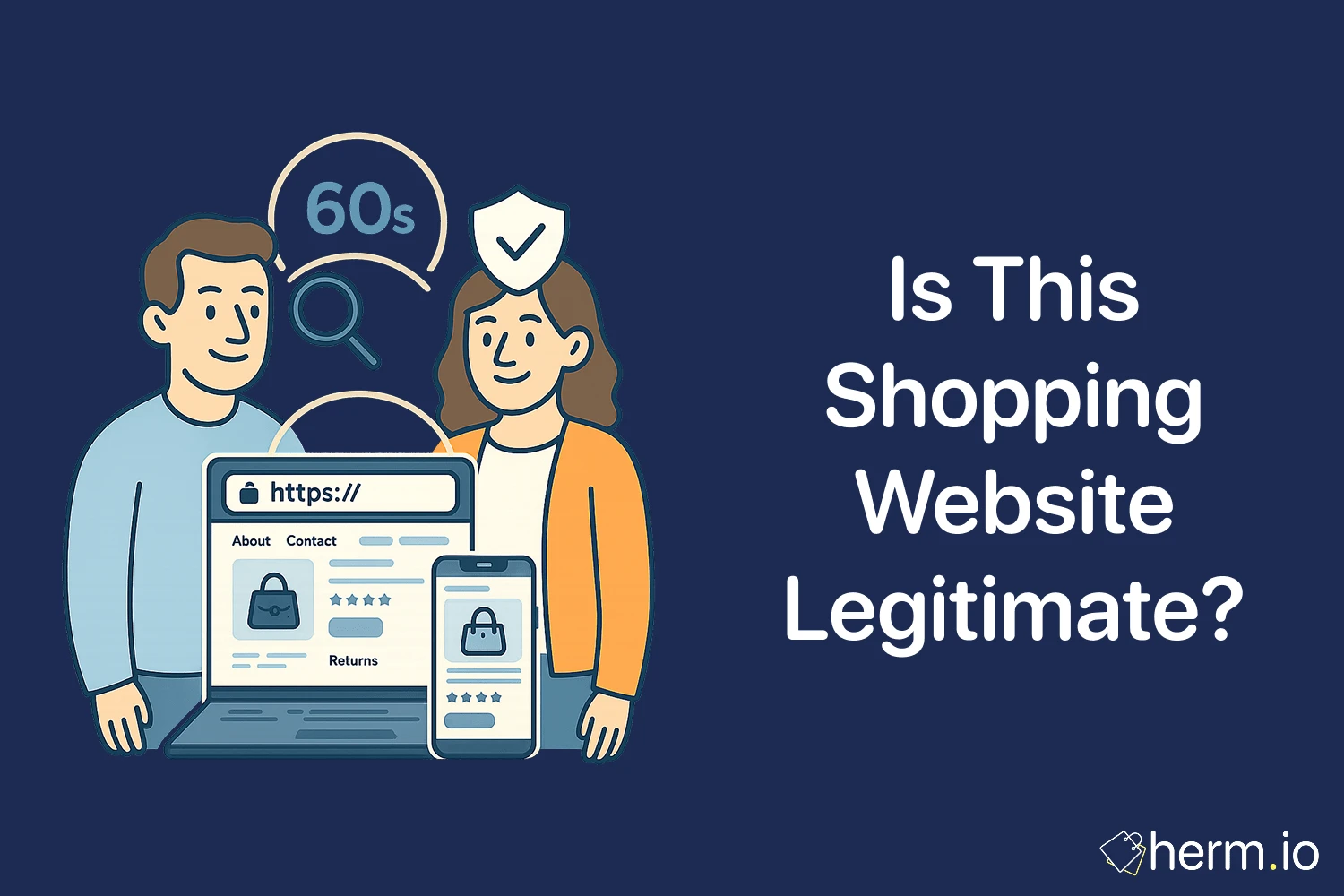 Shoppers check a site with HTTPS, reviews, and returns policy—60-second checklist to spot trustworthy European shopping websites.