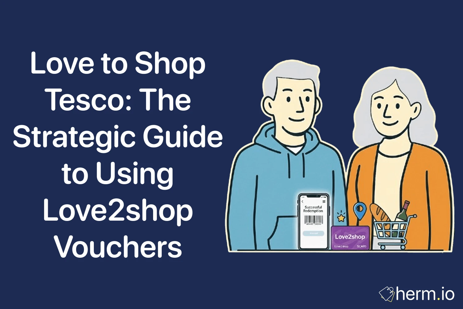 Love2shop at Tesco guide cover image showing shoppers, a Love2shop voucher, and grocery basket, explaining how to use vouchers at Tesco.