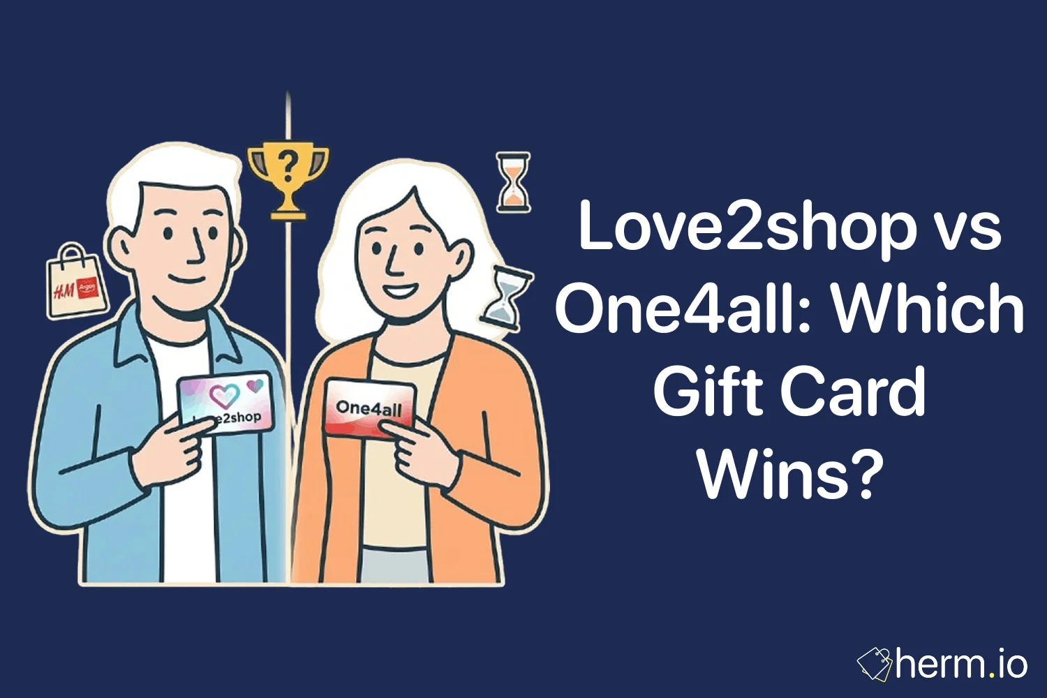 Two UK multi-store gift cards beside a phone checkout screen, showing how Love2shop and One4all compare for everyday shoppers.