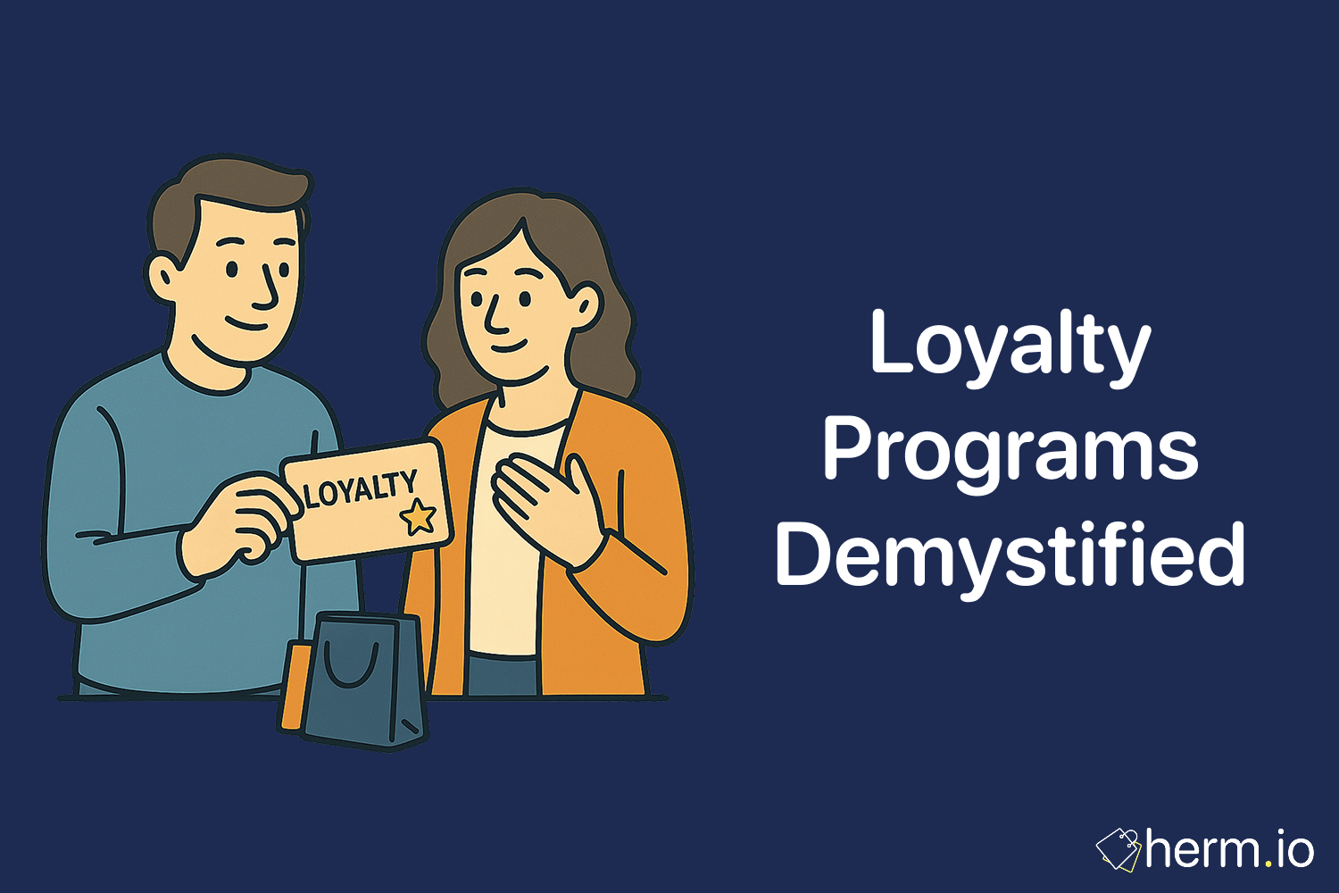 Illustration of a man handing a “Loyalty” card to a woman standing behind a row of shopping bags, symbolizing demystifying loyalty programs to earn more points and perks.