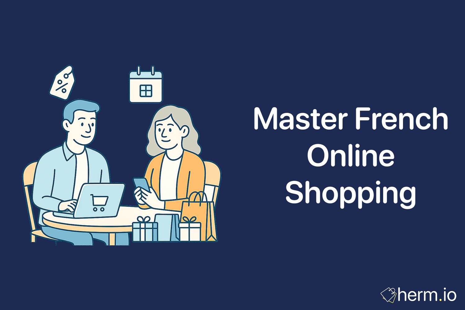 Illustration of two people shopping online with laptops and smartphones, surrounded by discount and calendar icons, focusing on French e-commerce tips.