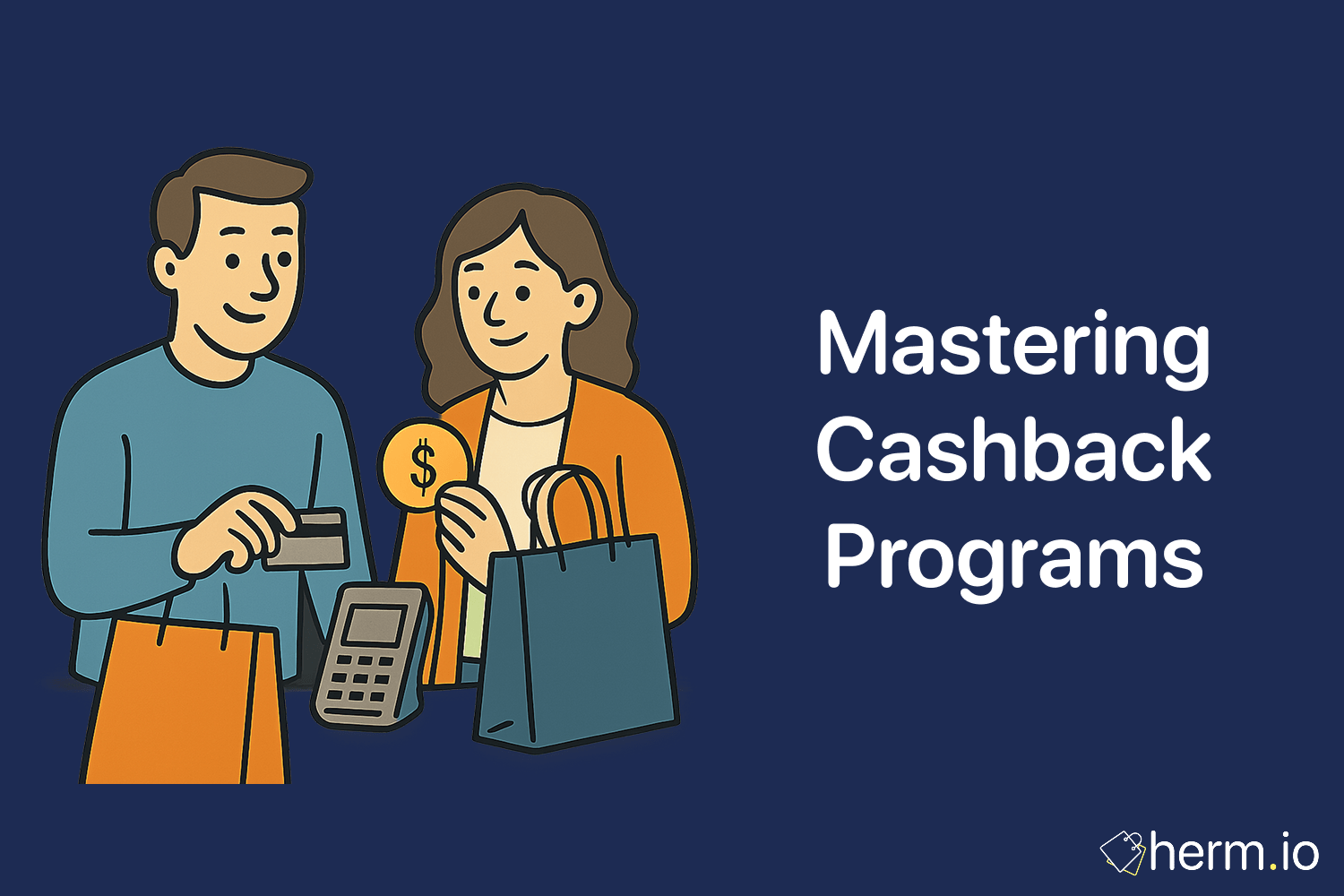 Illustration of a man tapping a credit card on a payment terminal and a woman holding a large coin alongside shopping bags, representing mastering cashback programs to earn money while shopping.