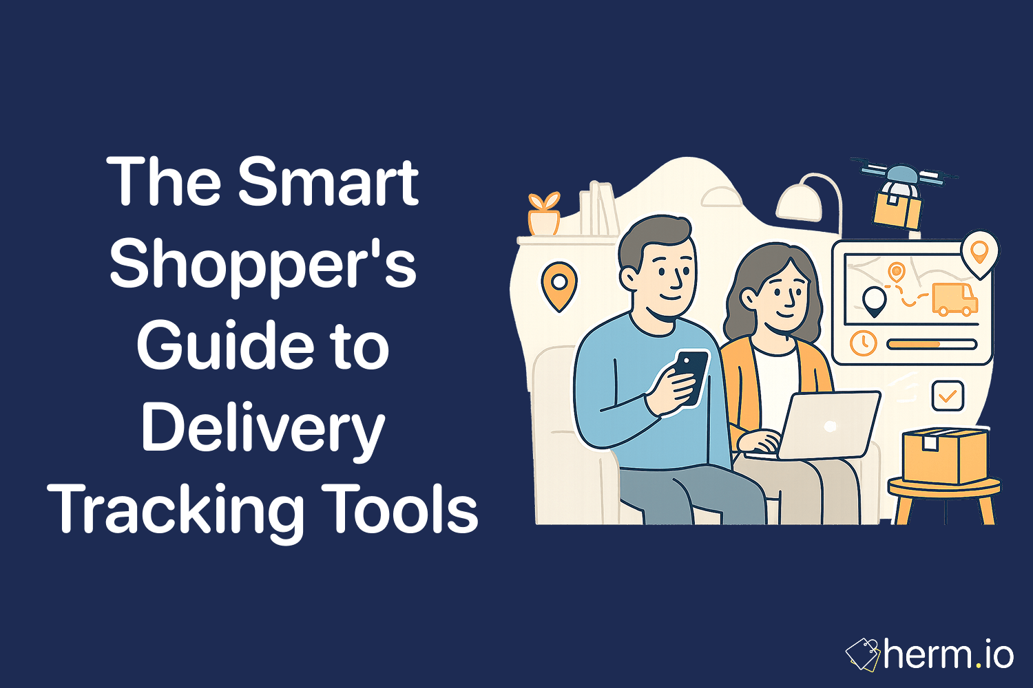 Illustration of a man and woman using delivery tracking tools on a phone and laptop, with package and location icons, for smart online shopping tips.