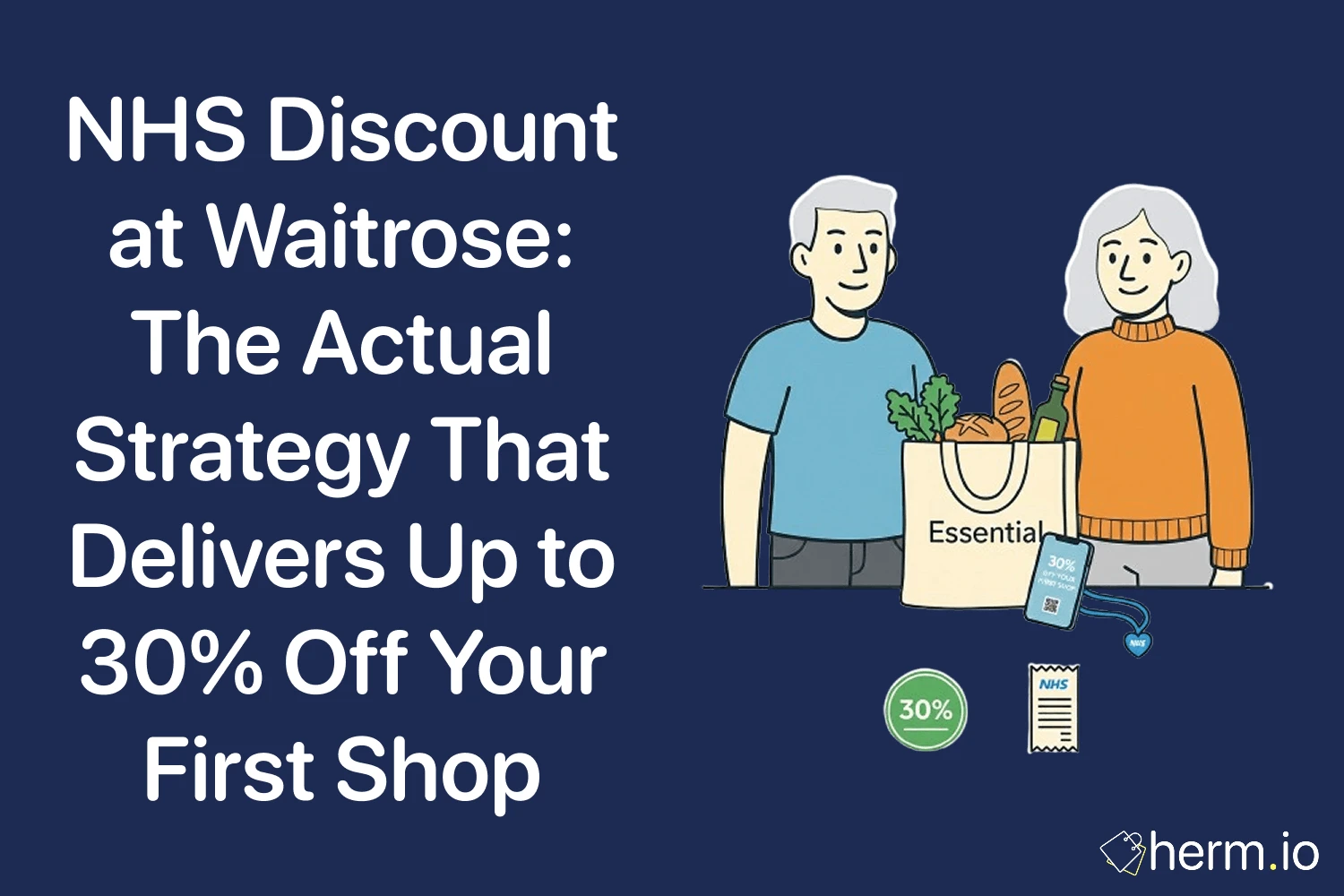 NHS discount at Waitrose cover image showing shoppers with groceries and 30% off icons, explaining how NHS staff can save on a first shop.