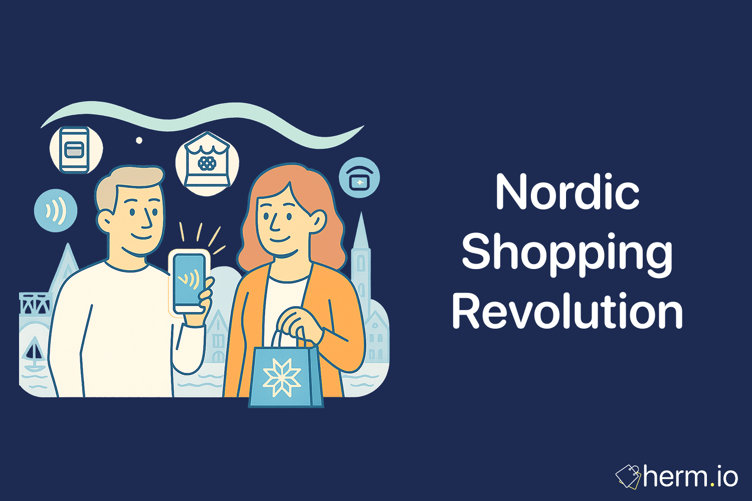 Illustration of a man and woman using contactless mobile payments while shopping in a Nordic city, symbolizing modern retail technology in Northern Europe.