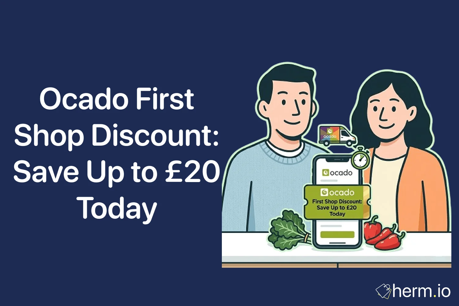 Online grocery basket with fresh food, voucher code field and delivery slot options showing how to use an Ocado first shop discount.