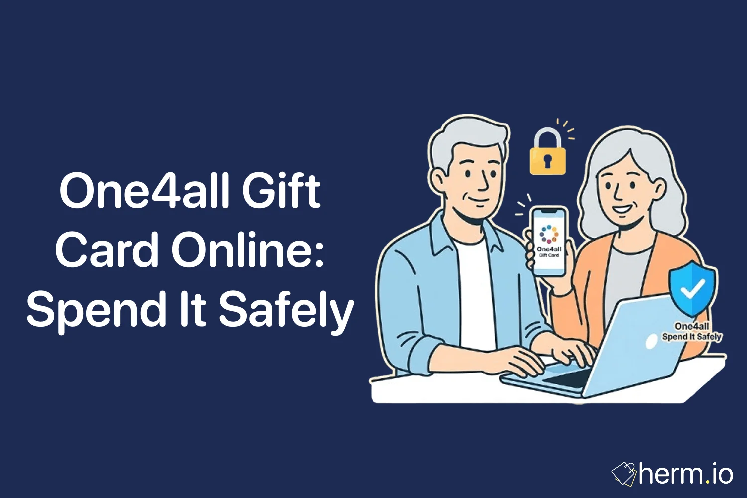 Mobile checkout screen with a One4all gift card, balance check notes and retailer list, showing safe online spending steps for UK shoppers.