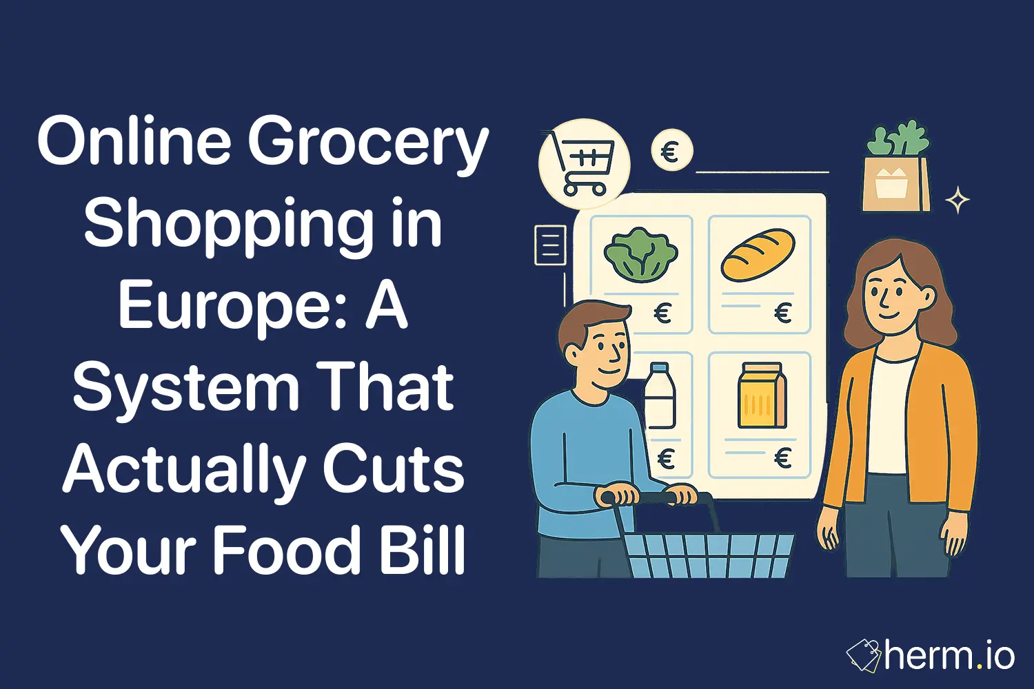 Illustration of a couple grocery shopping online with digital food prices and a cart, highlighting cost-saving systems for online grocery shopping in Europe.