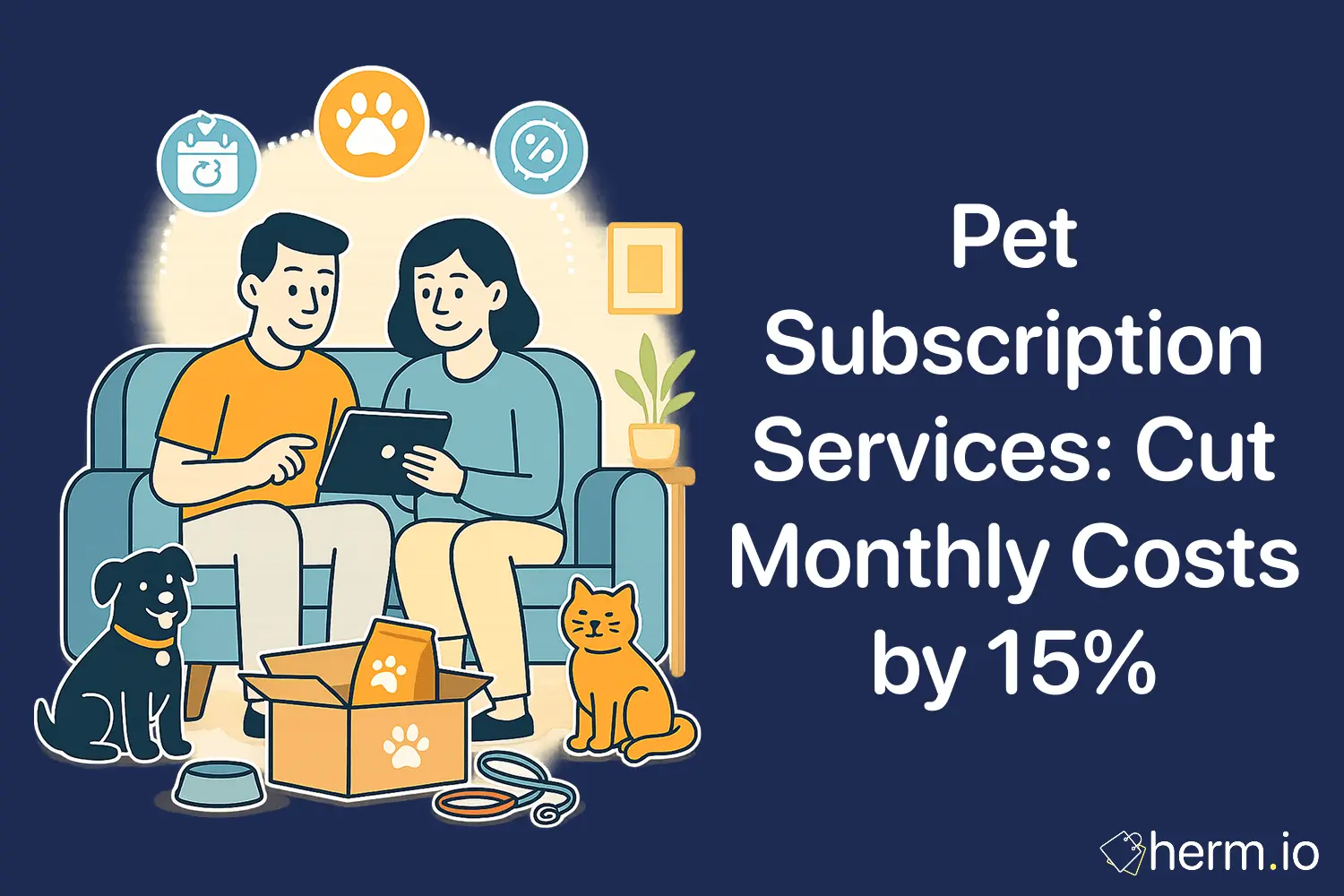 Illustration of a couple using a tablet with dog, cat, and pet supplies around, showcasing affordable pet subscription services for monthly savings.