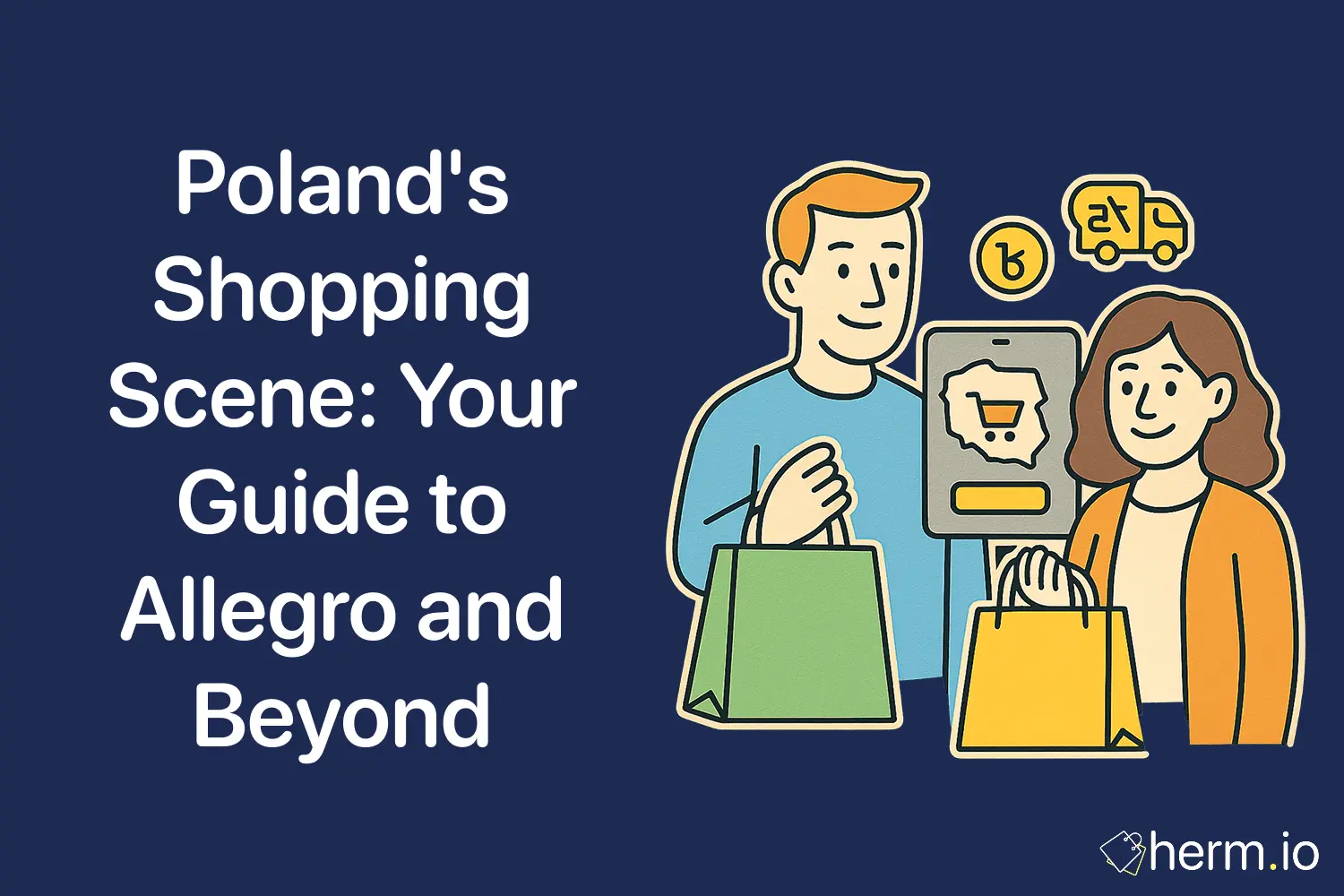 Polish shoppers holding bags and smartphone with Allegro app, icons of delivery and currency. Guide to Allegro and online shopping in Poland.