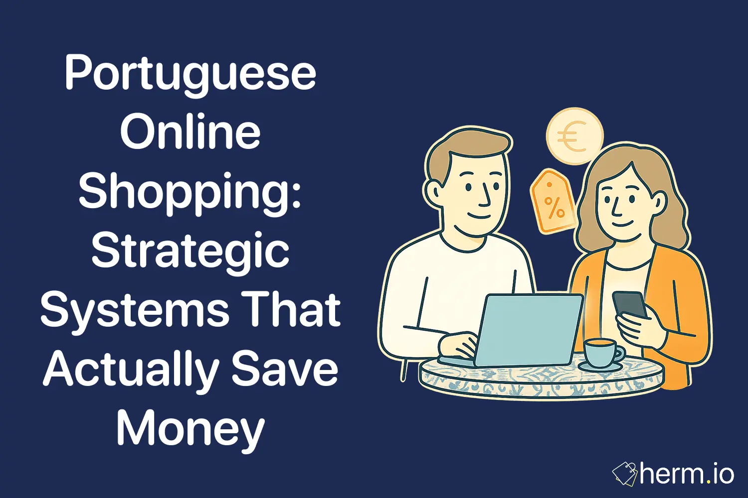 Illustration of man and woman shopping online in Portugal with laptop, phone, and euro discount icons. Strategic systems to save money online.