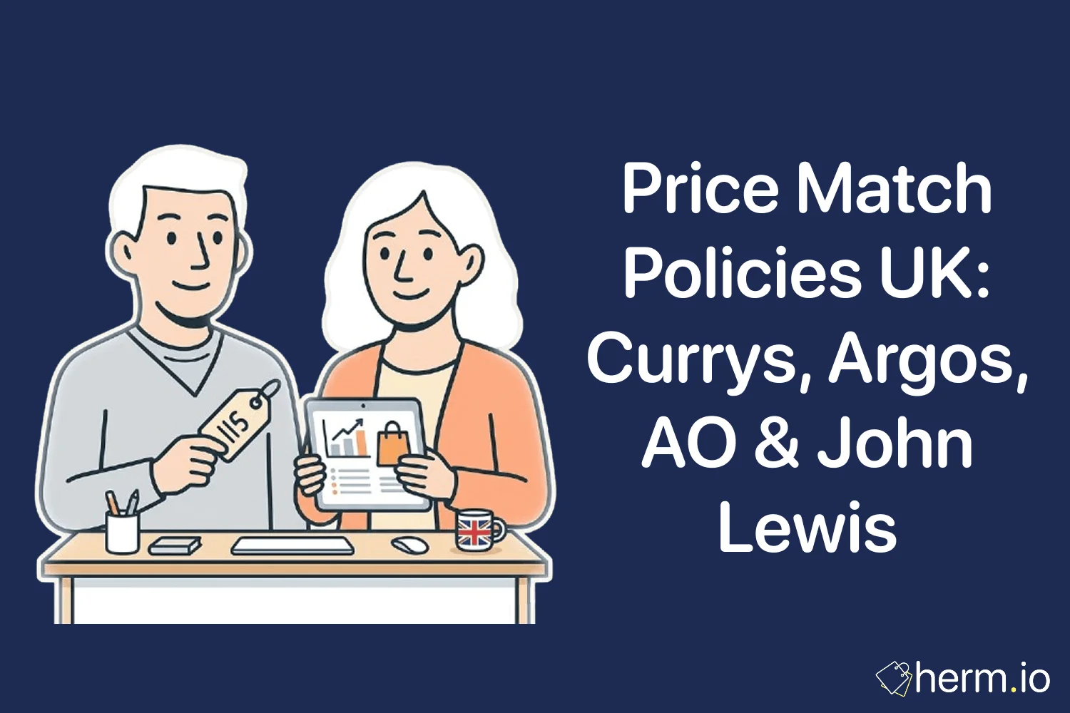 UK shopper comparing price match policies for Currys, John Lewis, Argos and AO on a laptop before buying appliances online.