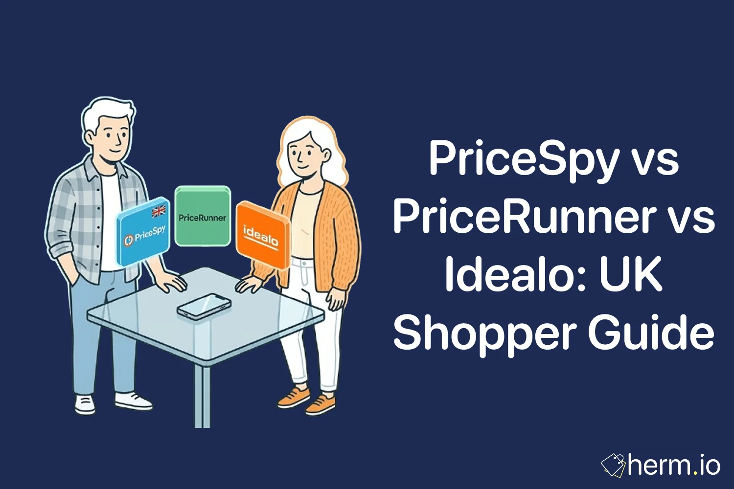 Mobile shopper comparing PriceSpy, PriceRunner and Idealo on a laptop and phone to check UK prices, alerts and price history.