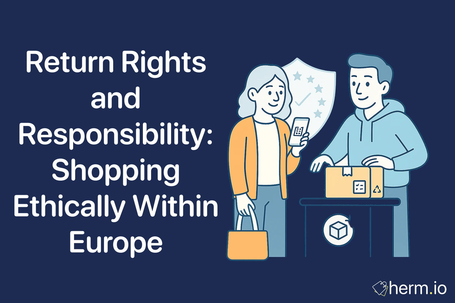 Shopper returns a parcel at a counter with EU shield and recycle sign—ethical returns and consumer rights across Europe.
