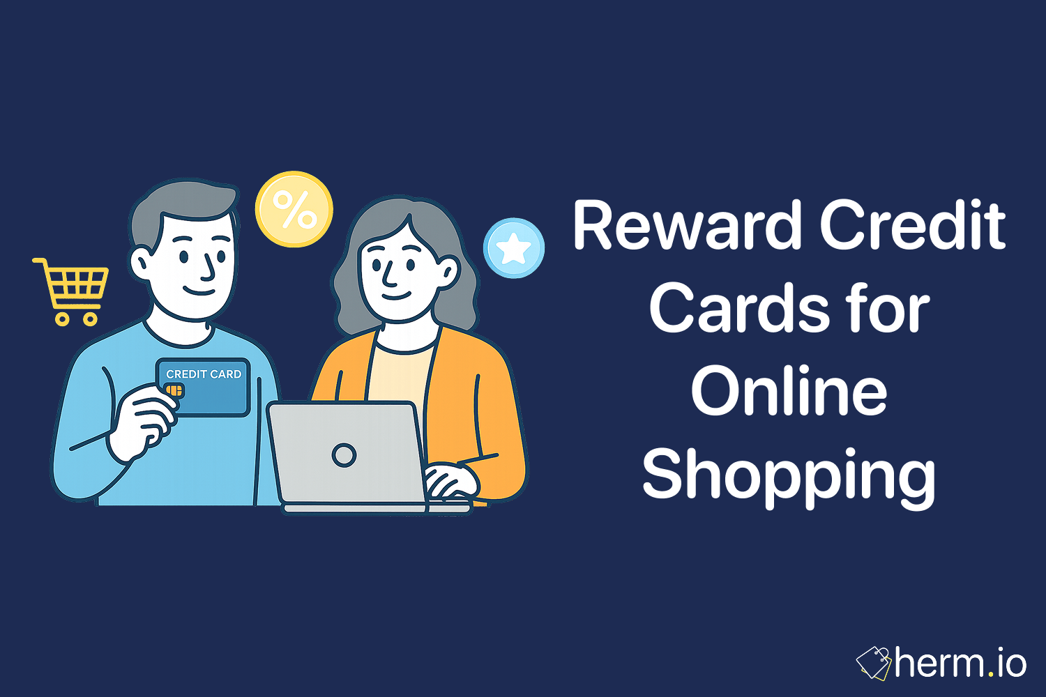 Illustration of a man holding a credit card and woman using a laptop, with shopping cart and discount icons, highlighting online shopping reward benefits.