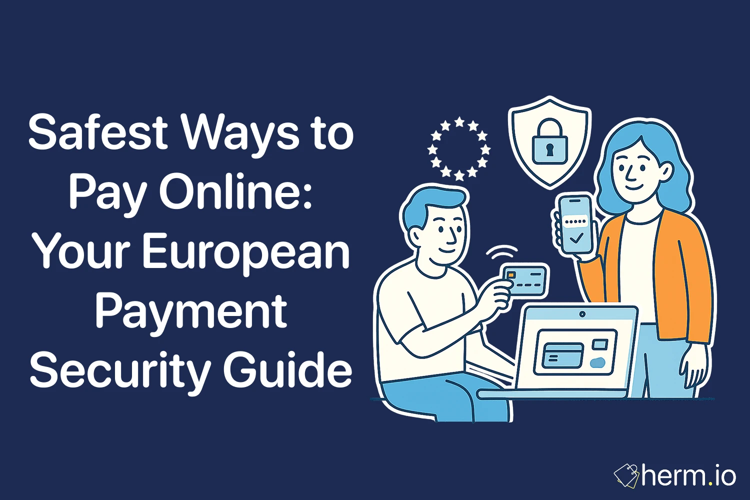 European shoppers using card and mobile with lock and EU stars—guide to secure online payment methods and fraud protection.