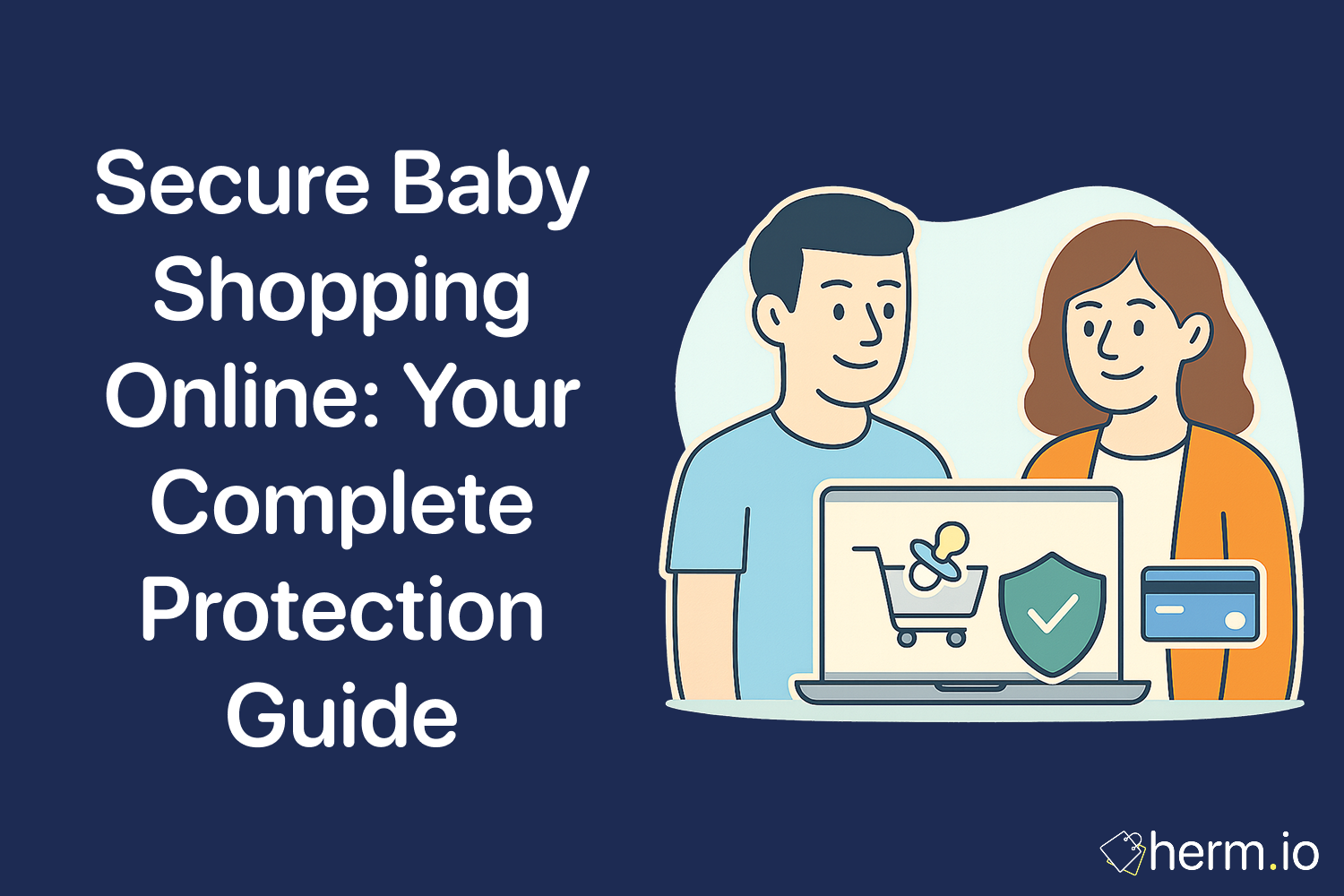 Graphic titled ‘Secure Baby Shopping Online: Your Complete Protection Guide,’ depicting a man and woman behind a laptop displaying a shopping cart with a pacifier, accompanied by a shield with a checkmark and a credit-card icon.